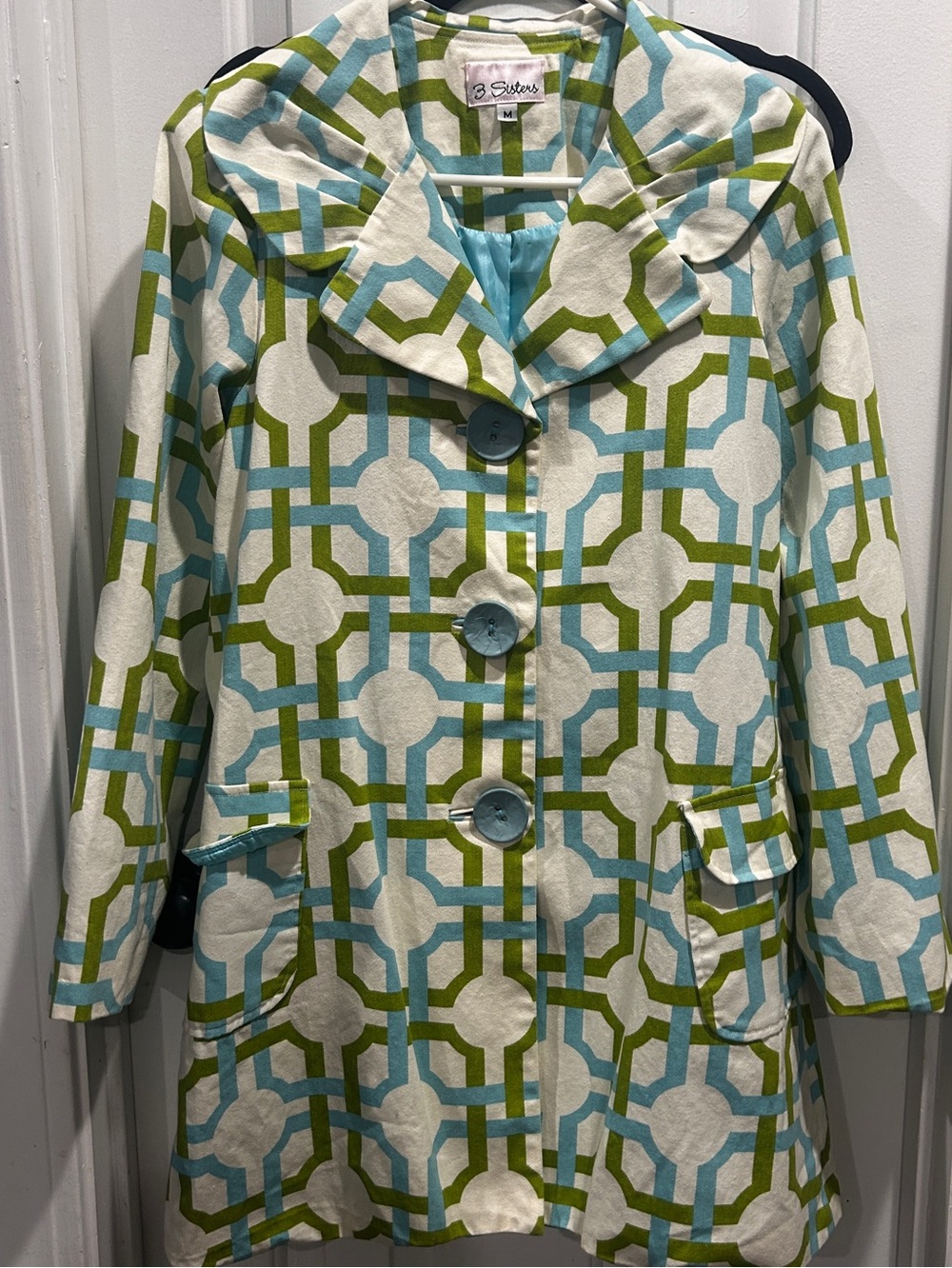 3 Sisters Green & Blue Retro Geometric Cotton Blend Coat